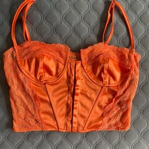 Look Sky Bustier Elegant Orange Lace Bodysuit, Size Small